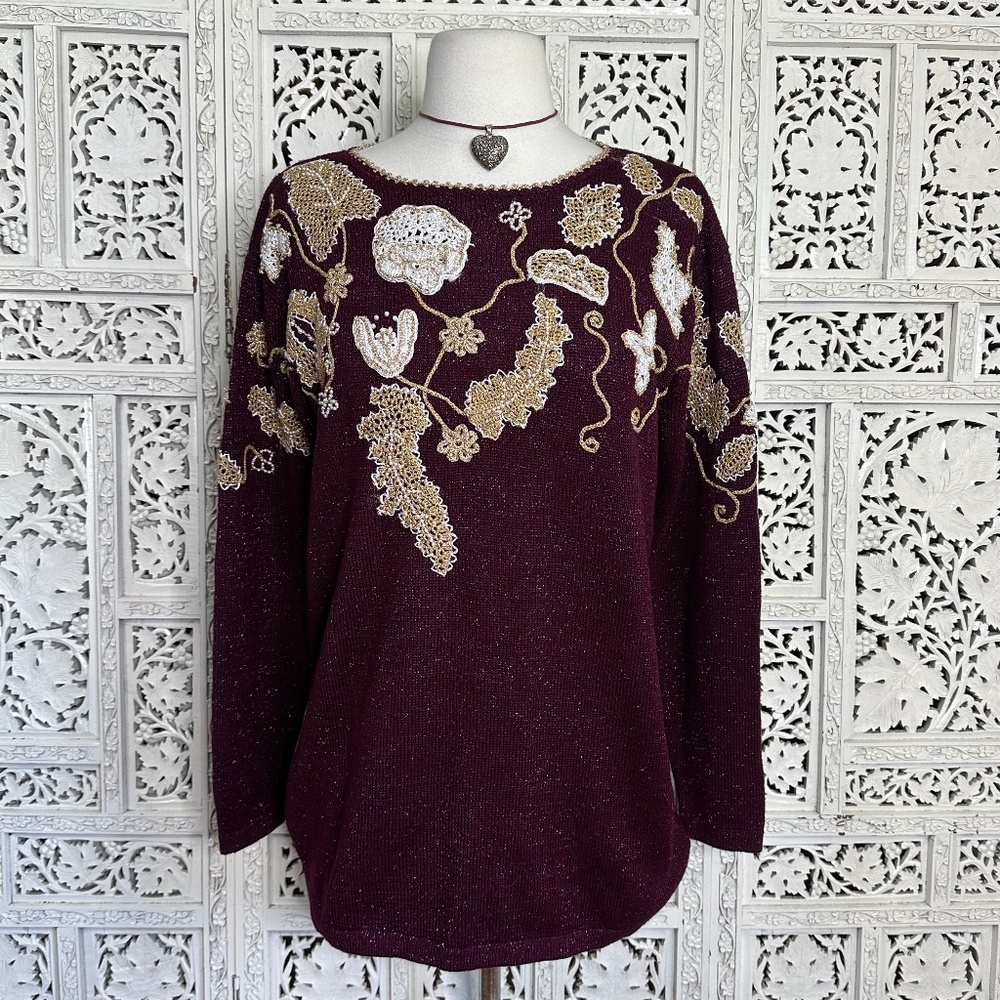 Vtg Jaclyn Smith Shimmer Sparkly Fairy Core Burgundy & Gold Grannycore Sweater